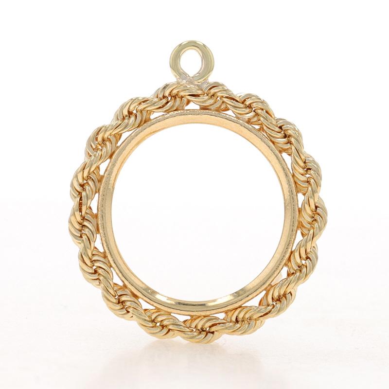 Metal Content: 14k Yellow Gold

Style: Coin Holder
Features: Rope Border

Measurements
Tall (from stationary bail): 1 1/32