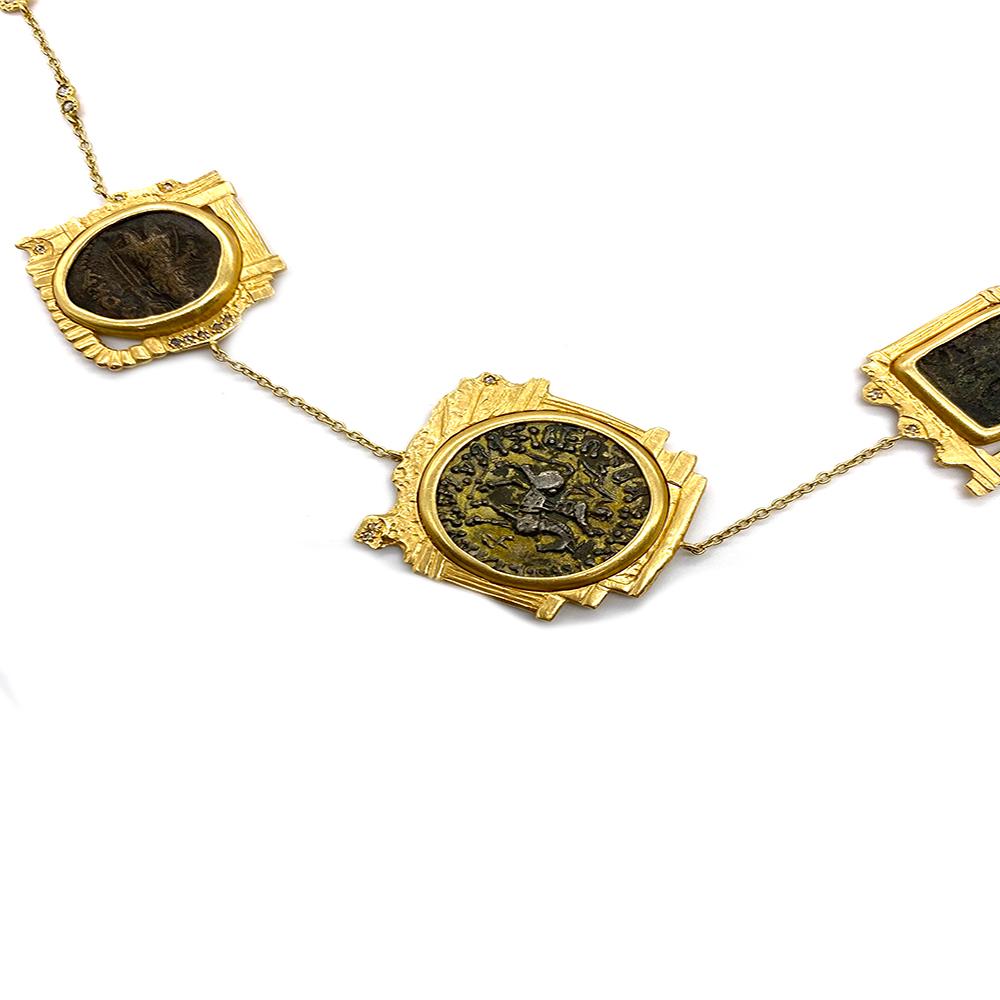 Antiquity 20 Karat Yellow Gold Necklace With Ancient Coins and 2.16 Carat Rose-Cut Diamonds.
