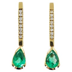 Retro Yellow Gold Colombian Emerald and Diamond Drop Earrings