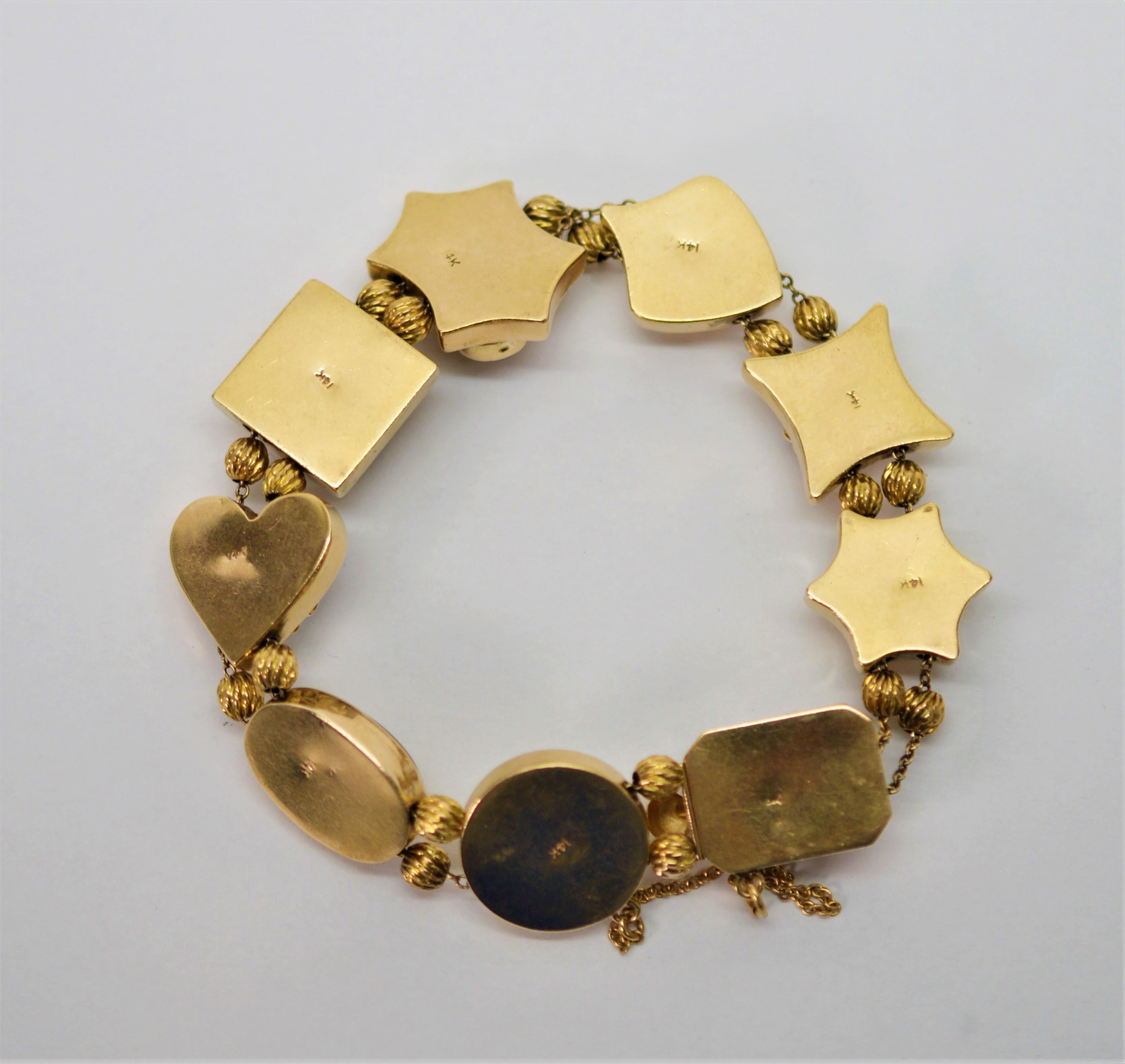 Mixed Cut Vintage Multi Gemstone 14 Karat Yellow Gold Charm Bracelet