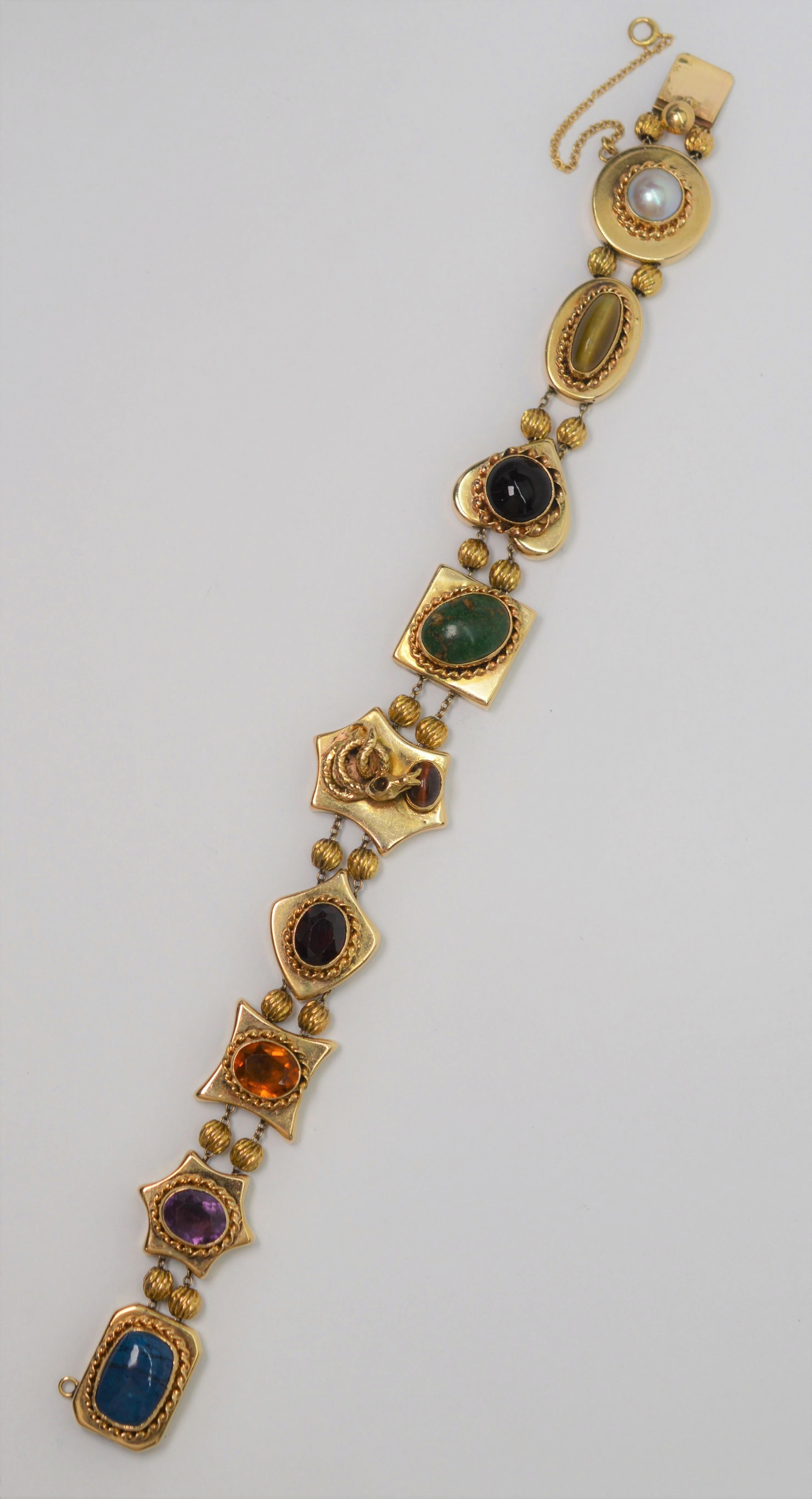 Women's Vintage Multi Gemstone 14 Karat Yellow Gold Charm Bracelet