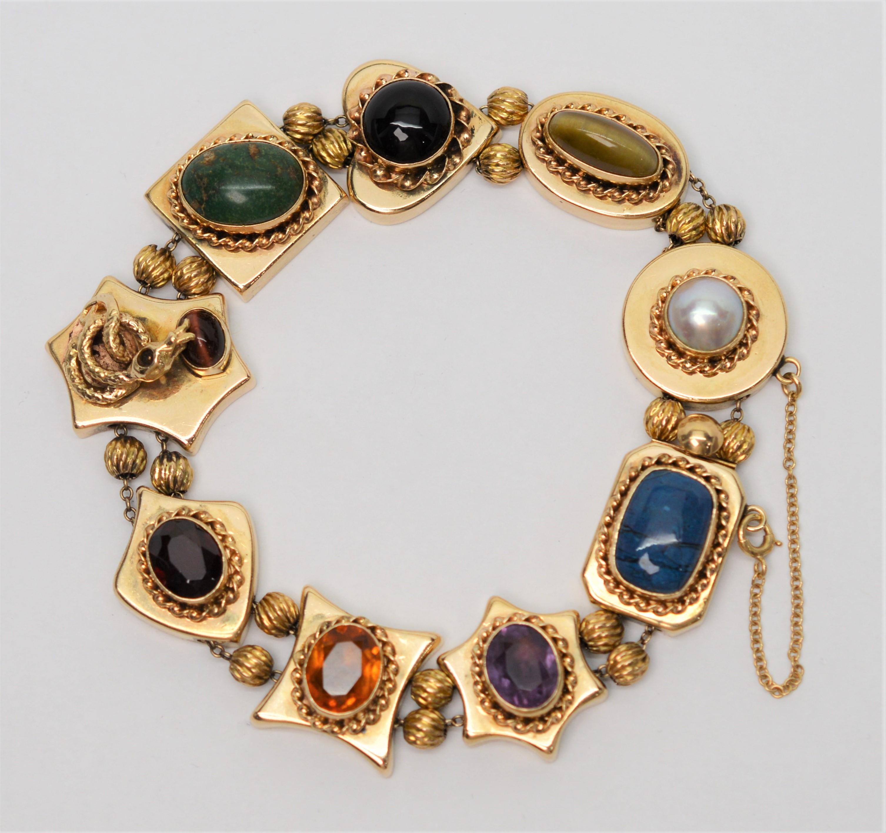Vintage Multi Gemstone 14 Karat Yellow Gold Charm Bracelet 1