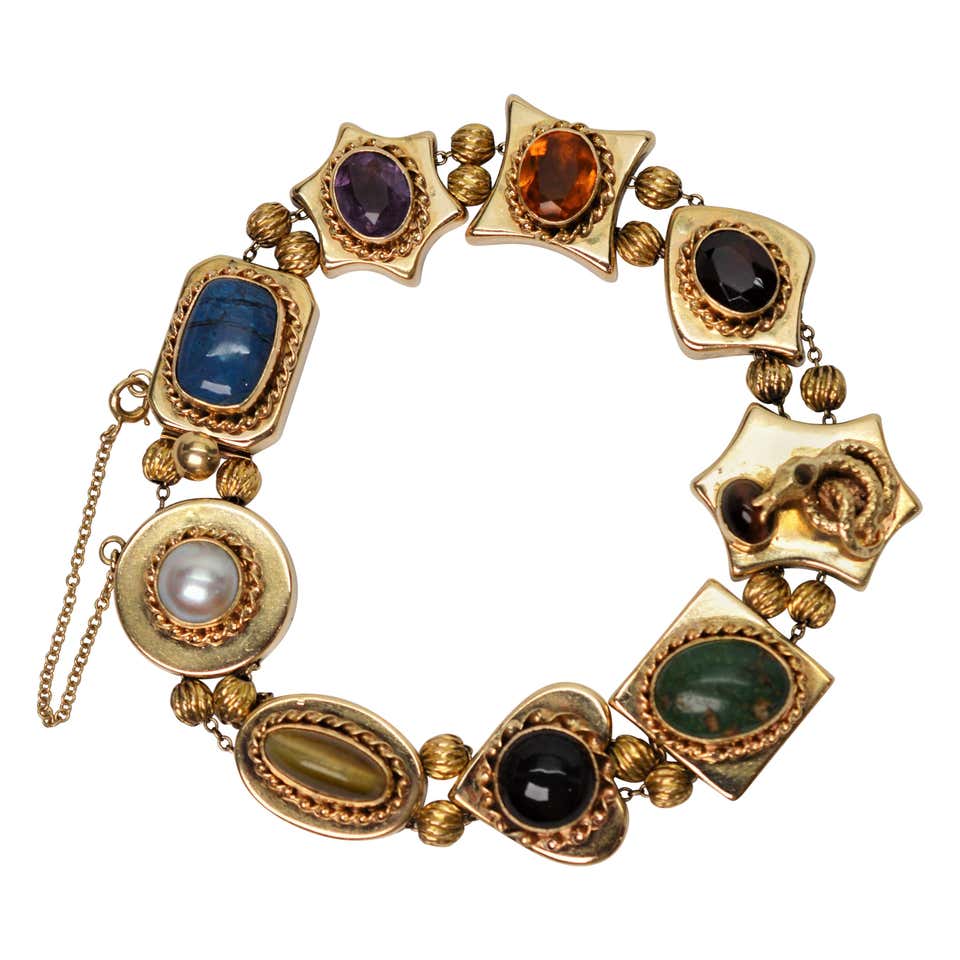 Vintage Multi Gemstone 14 Karat Yellow Gold Charm Bracelet at 1stDibs