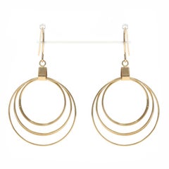 Yellow Gold Concentric Circle Dangle Earrings 14k Gathered Hoops Pierced