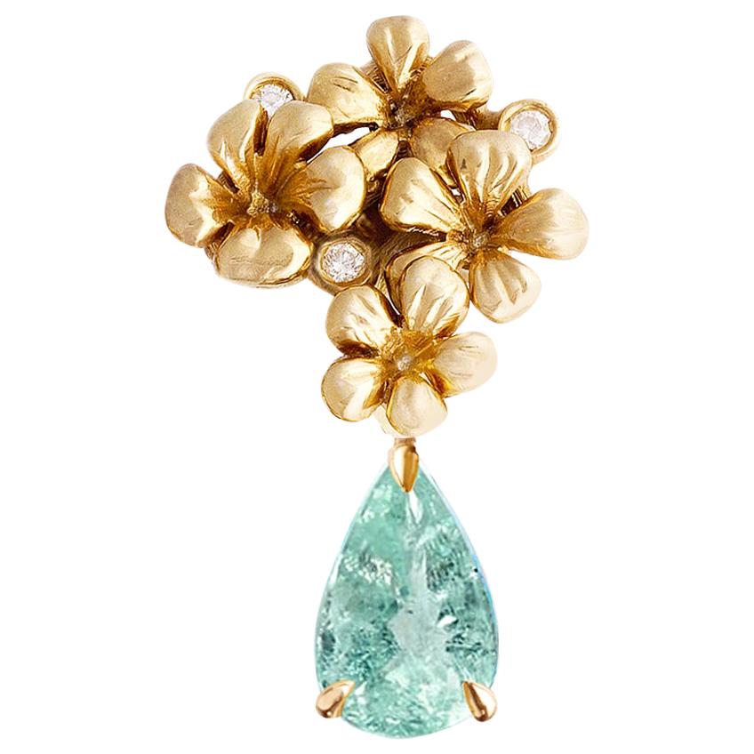 Yellow Gold Contemporary Brooch with Diamonds and Paraiba Tourmaline For Sale