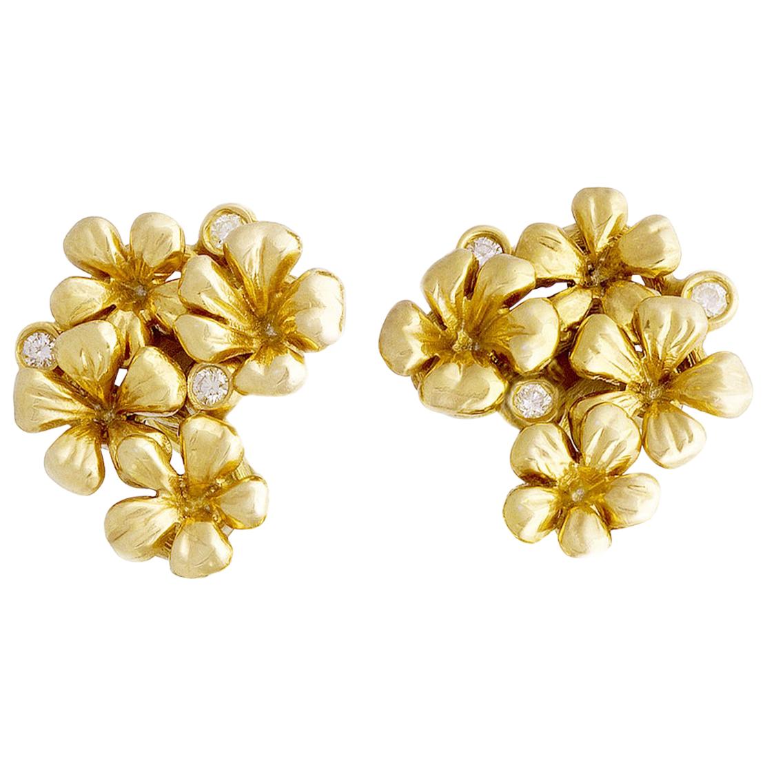 Yellow Gold Contemporary Clip-On Earrings by the Artist with Round Diamonds For Sale