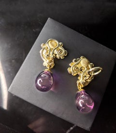Yellow Gold Contemporary Drop Earrings with Round Diamonds and Rose Quartz