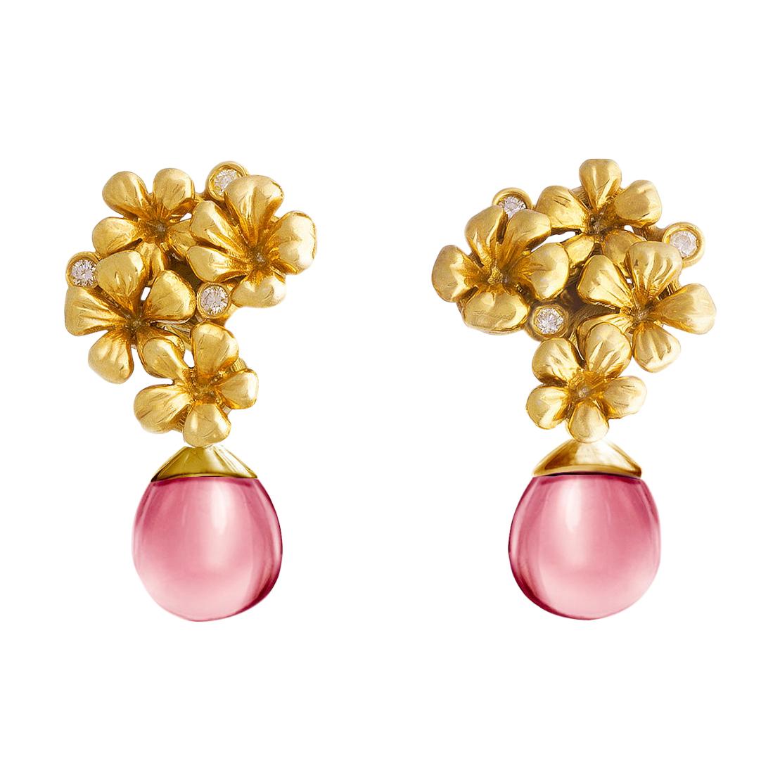 Yellow Gold Contemporary Drop Earrings with Round Diamonds and Rose Quartz For Sale