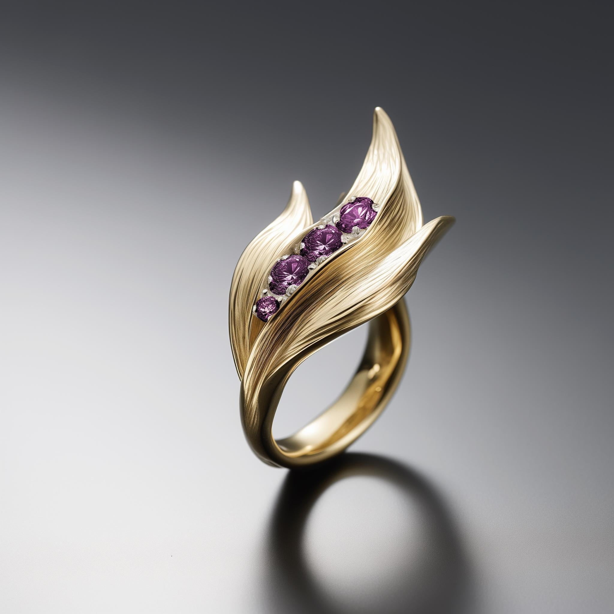 Round Cut Yellow Gold Contemporary Lily of The Valley Ring with Purple Sapphires For Sale