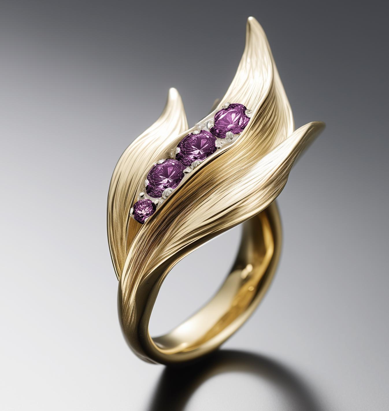 Yellow Gold Contemporary Lily of The Valley Ring with Purple Sapphires In New Condition For Sale In Berlin, DE