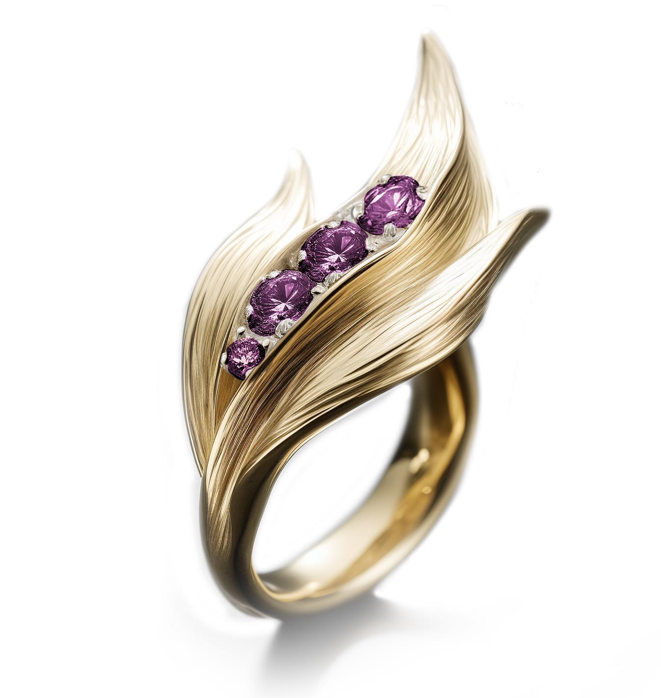 Women's or Men's Yellow Gold Contemporary Lily of The Valley Ring with Purple Sapphires For Sale