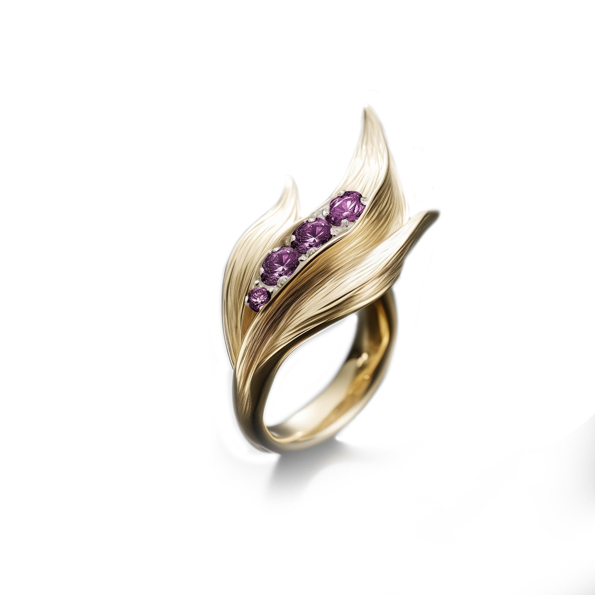 Yellow Gold Contemporary Lily of The Valley Ring with Purple Sapphires For Sale 1