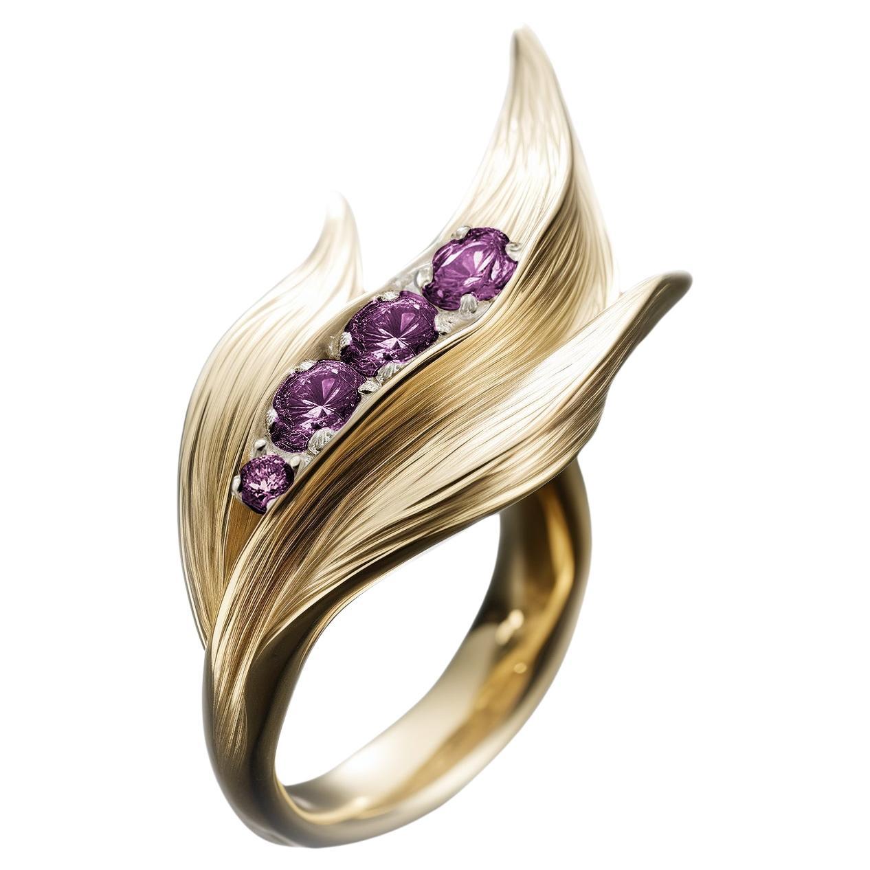 Yellow Gold Contemporary Lily of The Valley Ring with Purple Sapphires For Sale