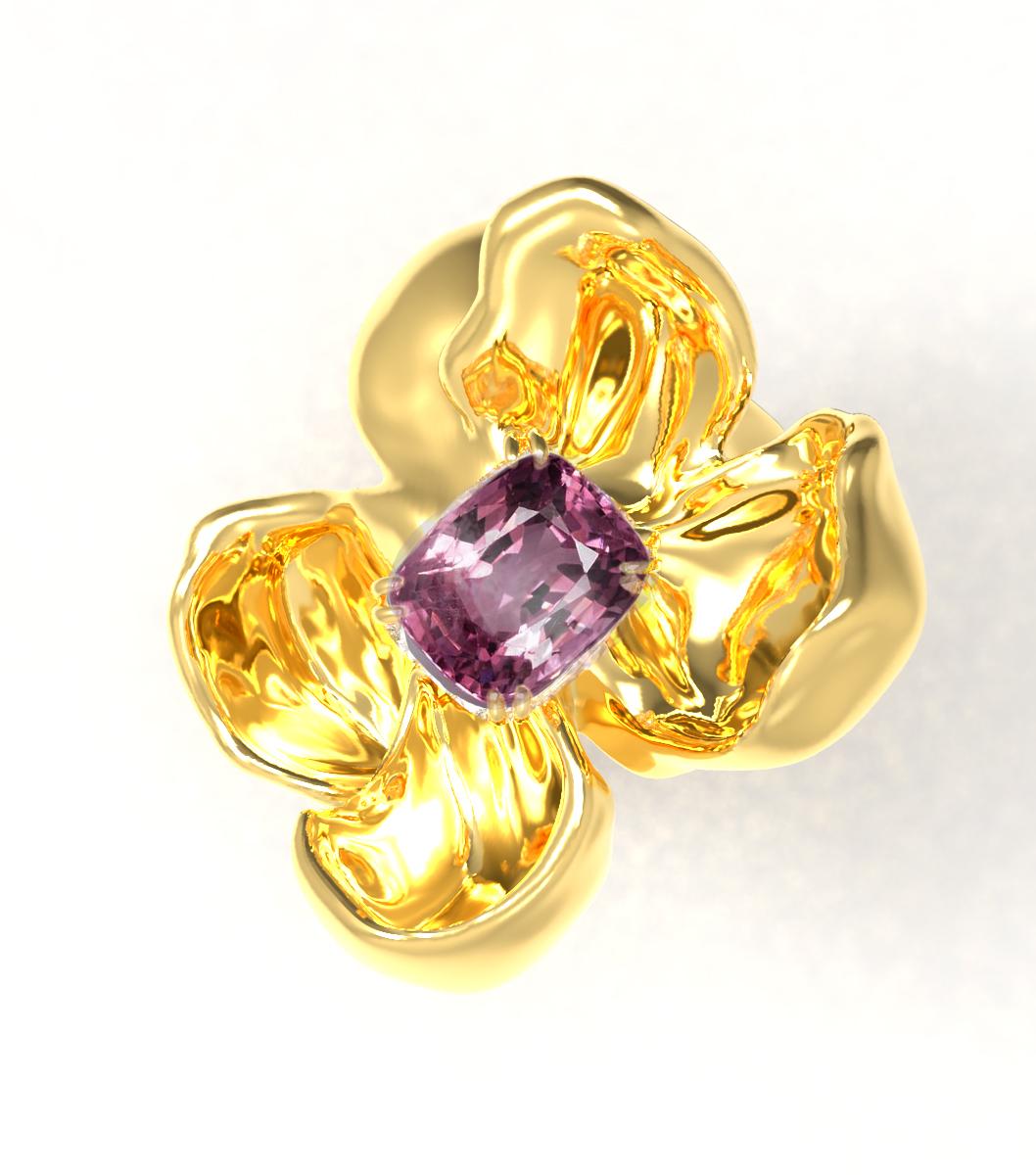 Cushion Cut Yellow Gold Contemporary Magnolia Pendant Necklace with Spinel For Sale