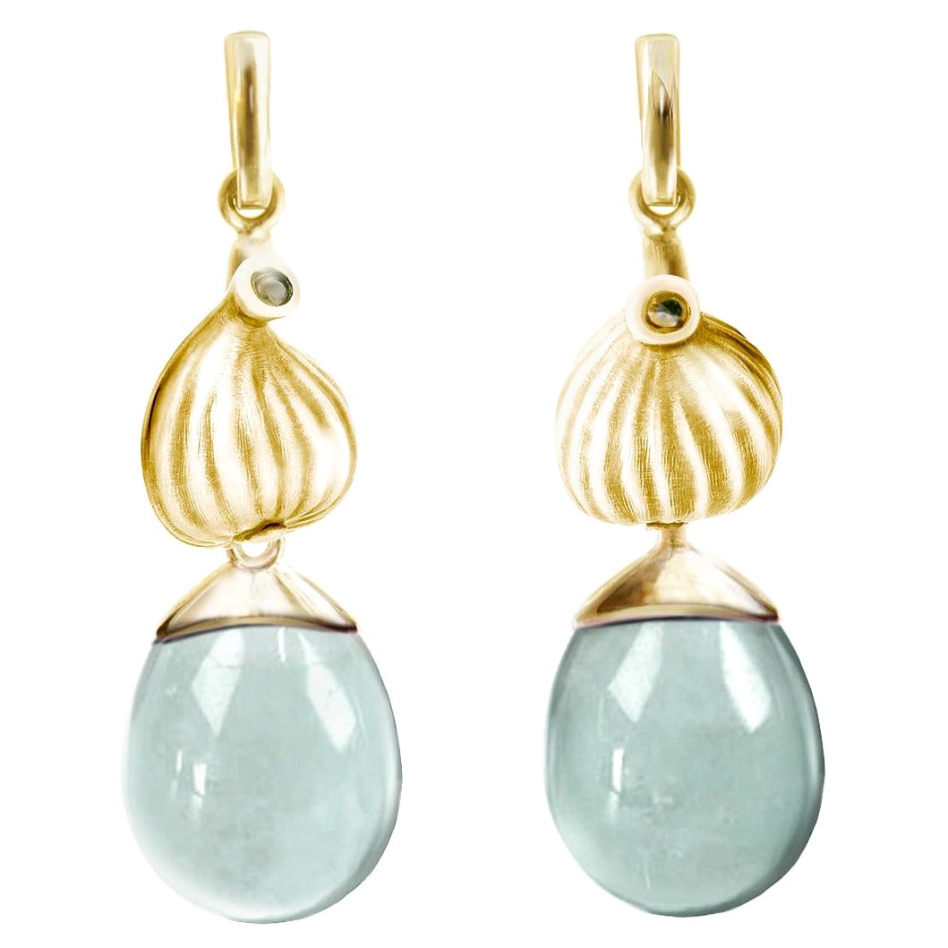 Boucles d'oreilles en or jaune en forme de figue contemporaine méditerranéenne avec prasiolites amovibles