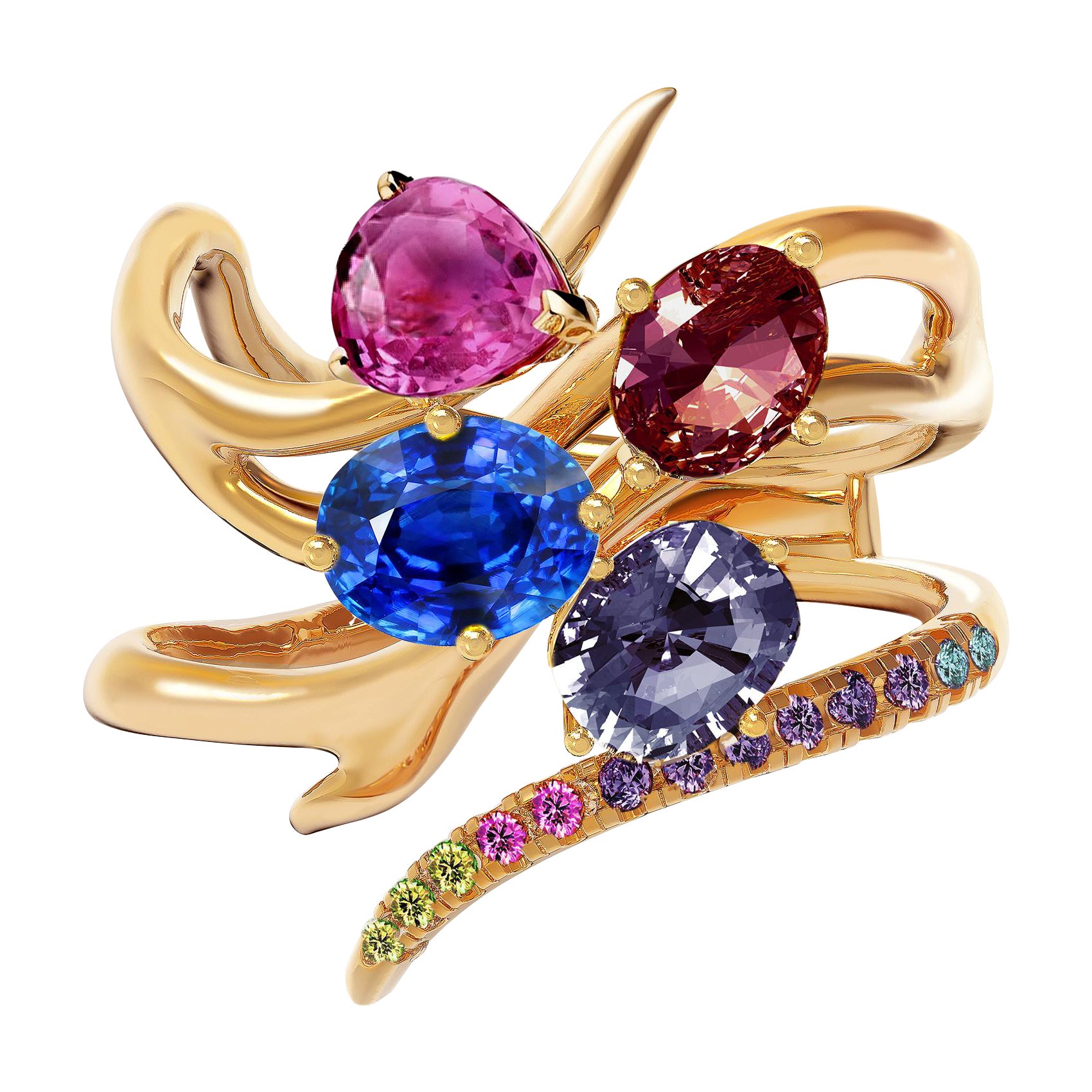 Bague contemporaine en or jaune avec saphirs bleus et roses certifiés GRS