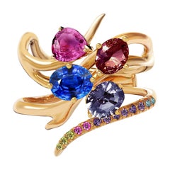 Bague contemporaine en or jaune avec saphirs bleus et roses certifiés GRS