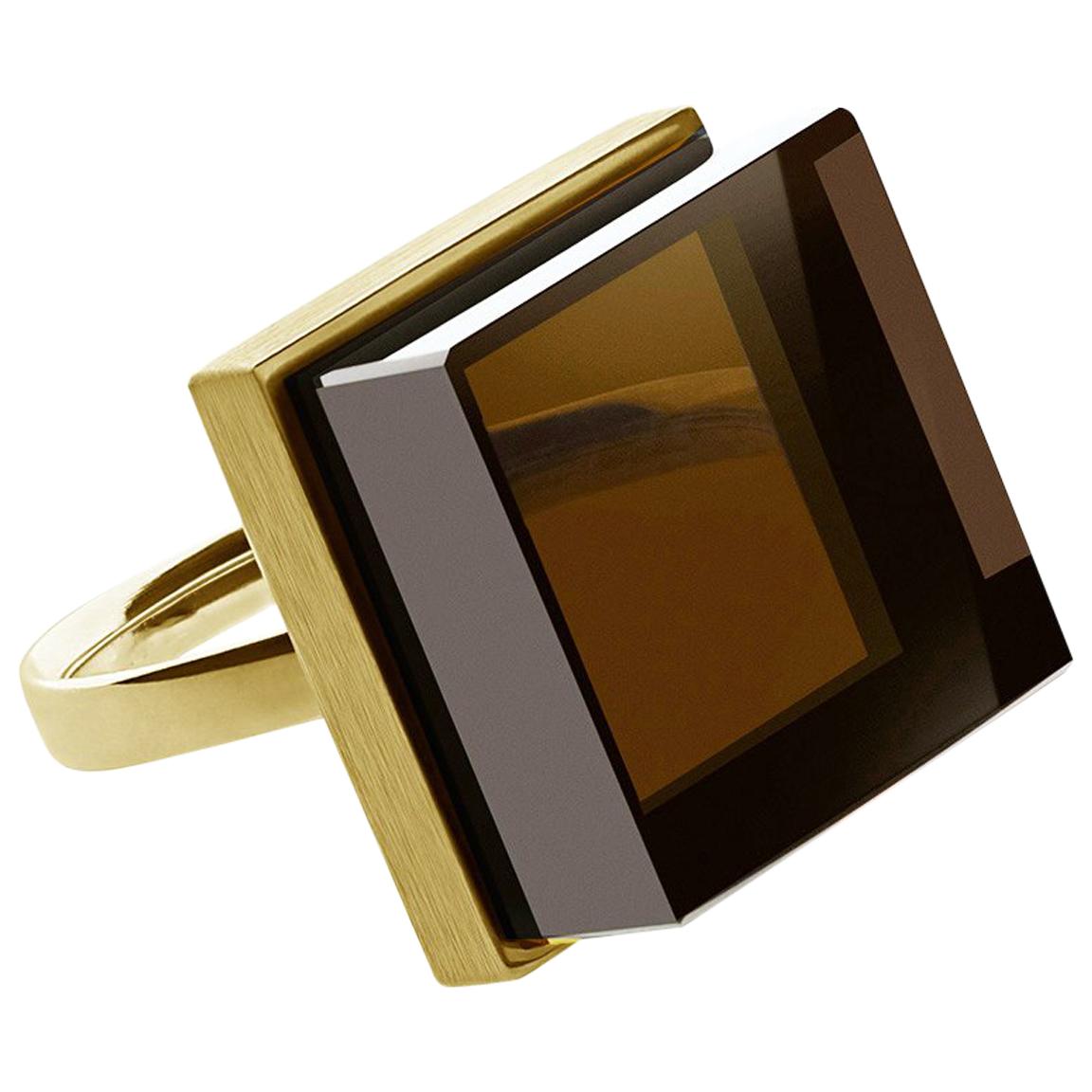 Featured in Vogue Yellow Gold Contemporary Ring with Smoky Quartz  For Sale