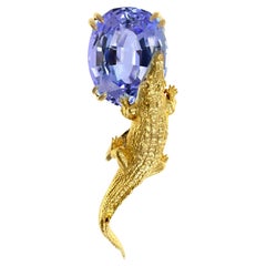 Yellow Gold Contemporary Sculptural Brooch with MGL Certified Tanzanite