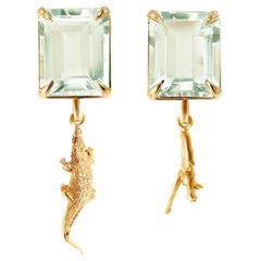 Yellow Gold Contemporary Stud Earrings with Light Green Quartzes