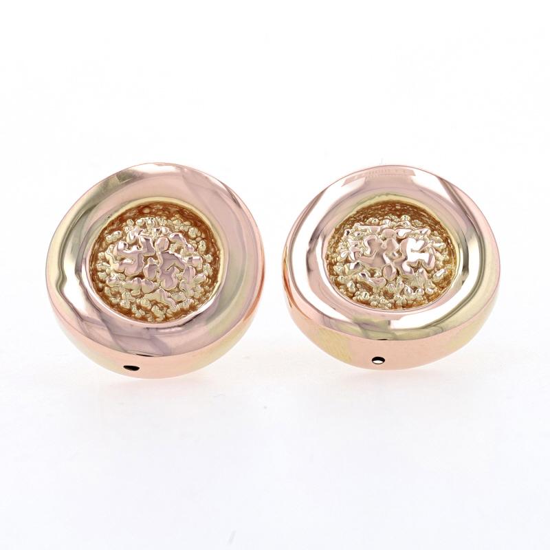 Metal Content: 18k Yellow Gold

Style: Large Contoured Stud
Theme: Circles
Features: Hollow construction for comfortable, all-day wear with smooth & textured finishes

Measurements
Tall: 5/8