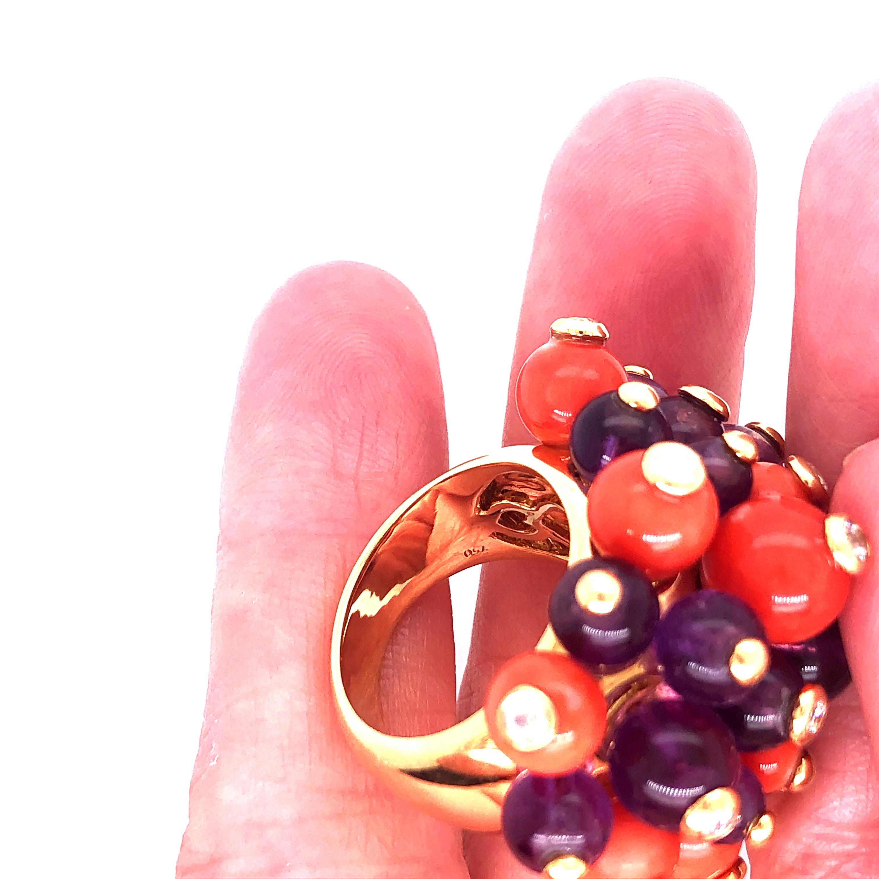 18K Yellow Gold Coral and Amethyst Bead Ring with Diamonds.  A fun, frolicking piece with true beauty and craftsmanship.  This ring is size 6.6 and stamped 750.
