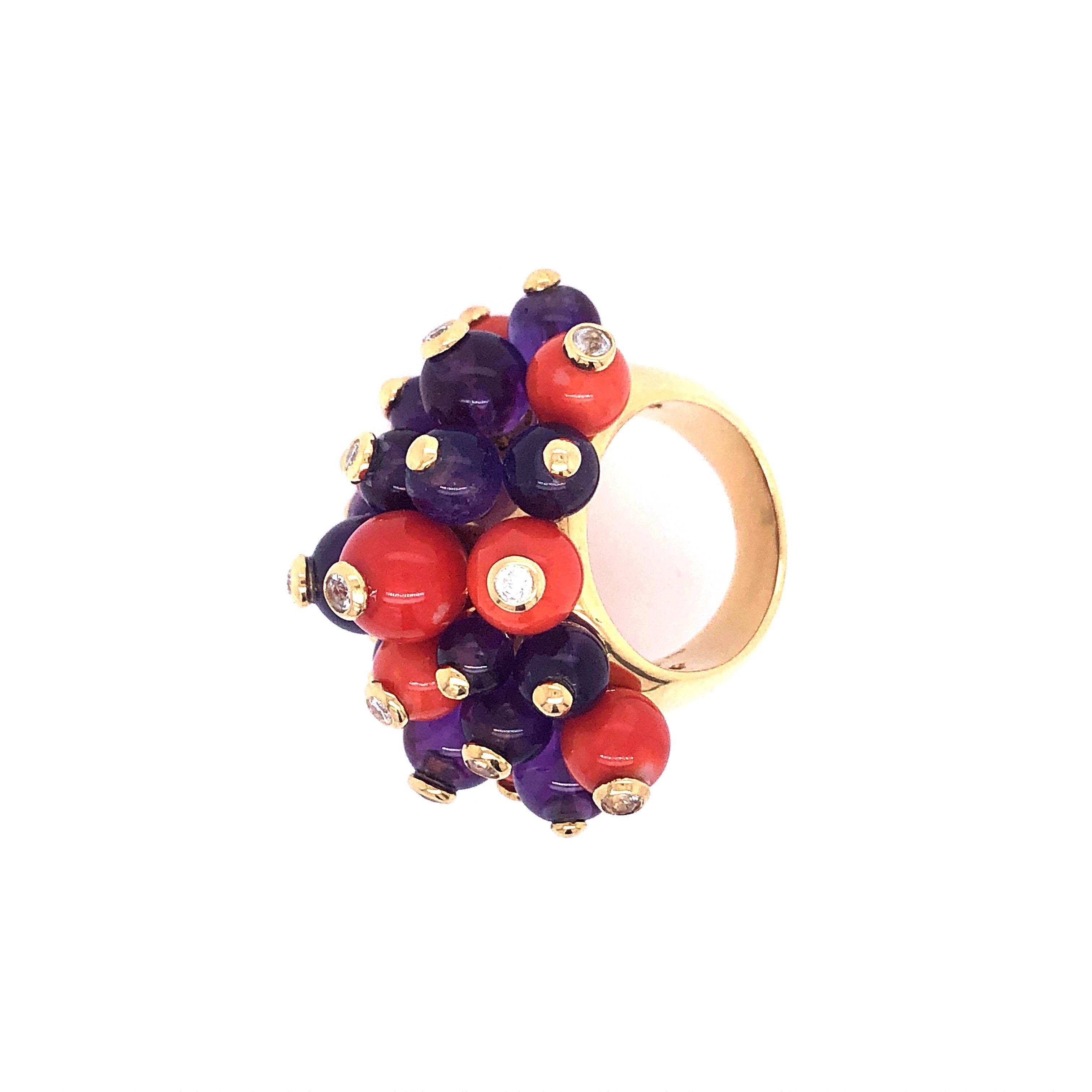 Women's Yellow Gold Coral and Amethyst Bead Ring with Diamonds
