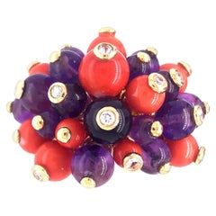 Yellow Gold Coral and Amethyst Bead Ring with Diamonds