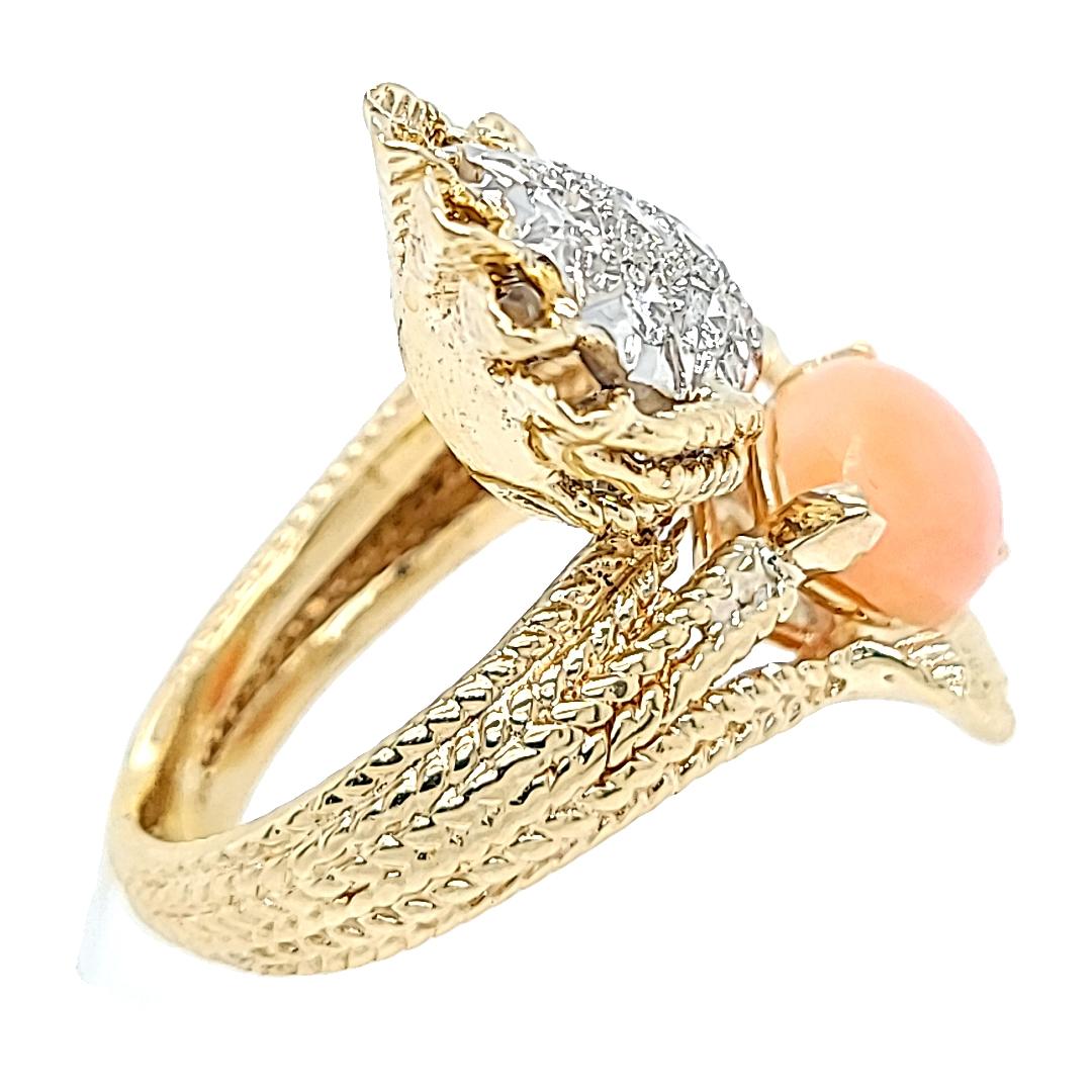 Pear Cut Yellow Gold Coral and Diamond Bypass Ring