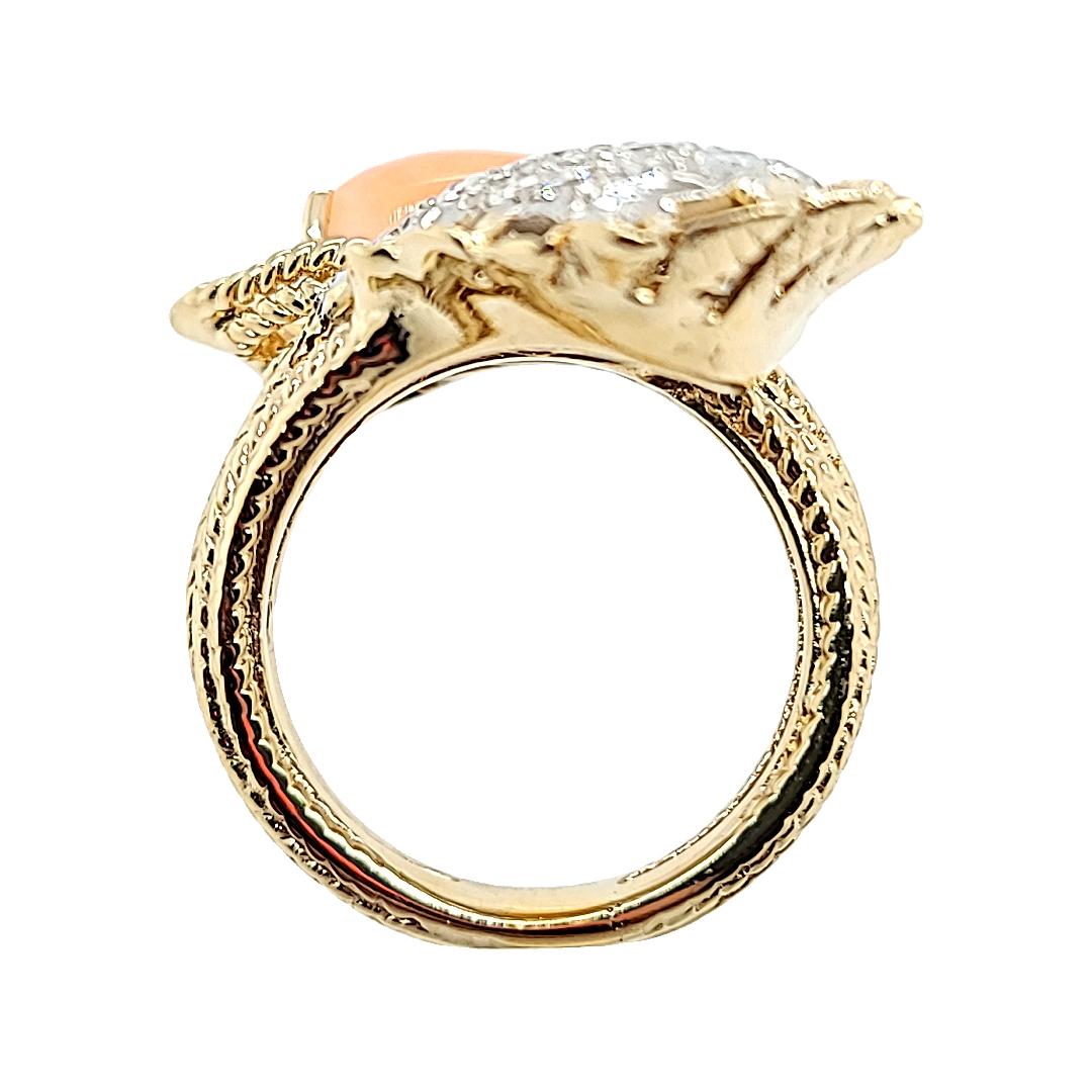 Yellow Gold Coral and Diamond Bypass Ring In Good Condition In Coral Gables, FL