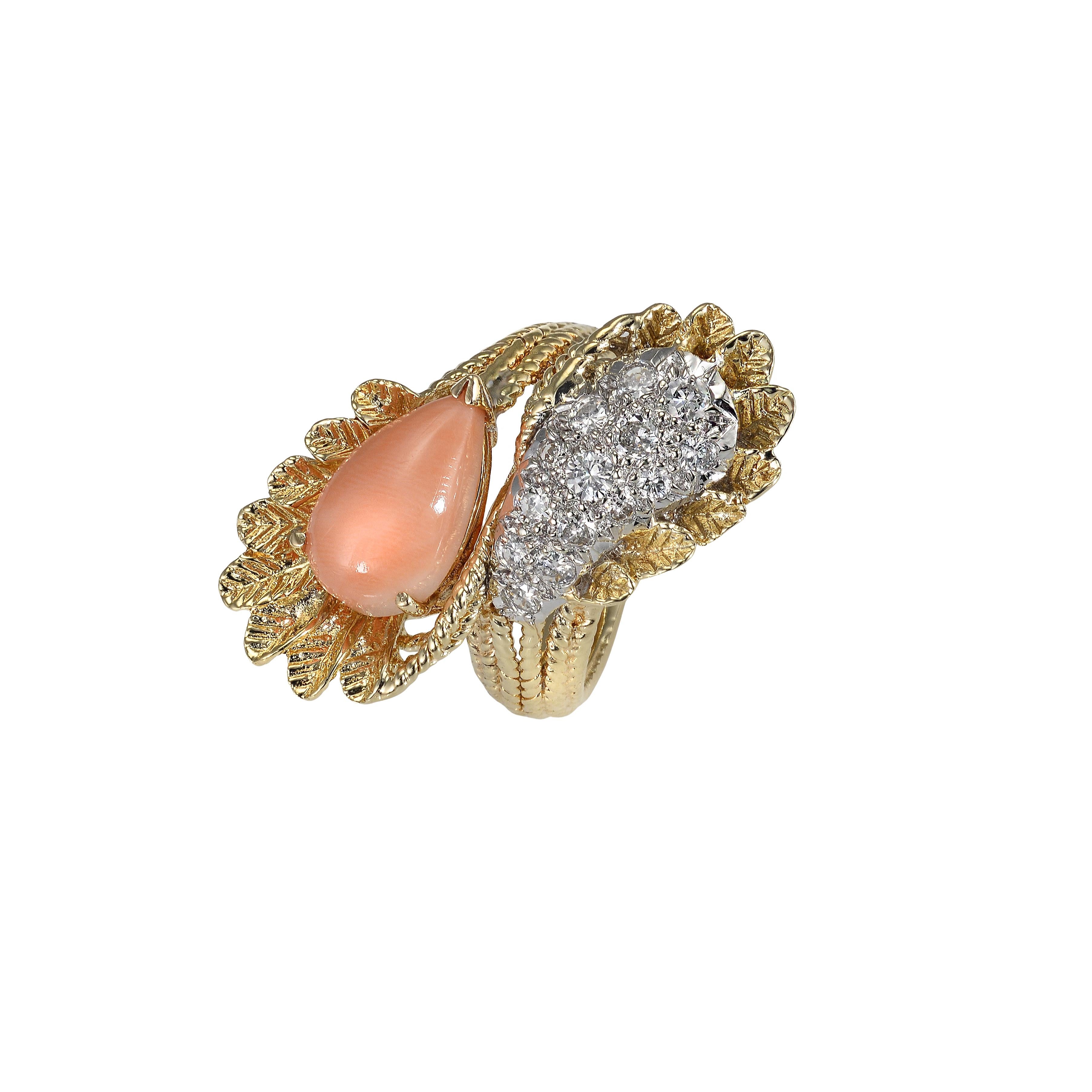 Women's Yellow Gold Coral and Diamond Bypass Ring