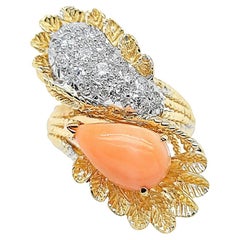 Yellow Gold Coral and Diamond Bypass Ring