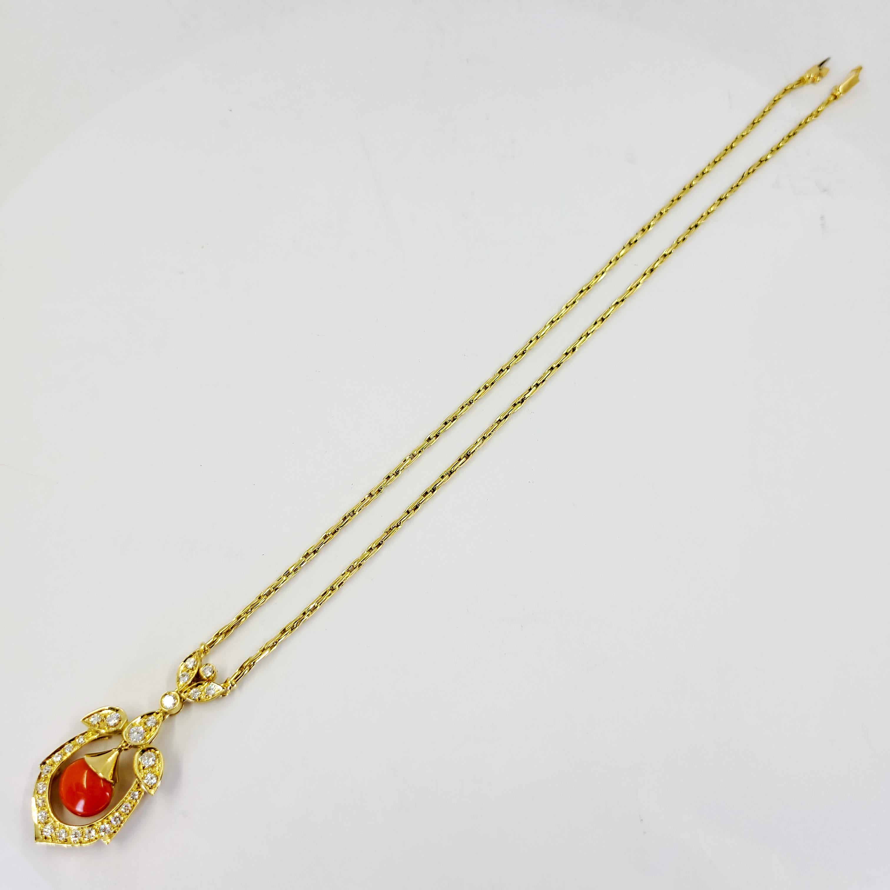 Cabochon Yellow Gold, Coral, and Diamond Drop Dangle Necklace For Sale