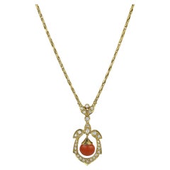 Retro Yellow Gold, Coral, and Diamond Drop Dangle Necklace