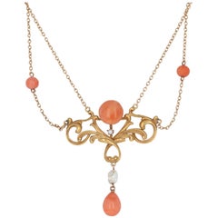 Yellow Gold Coral and Pearl Art Nouveau Necklace, 14 Karat Antique Cable Chain