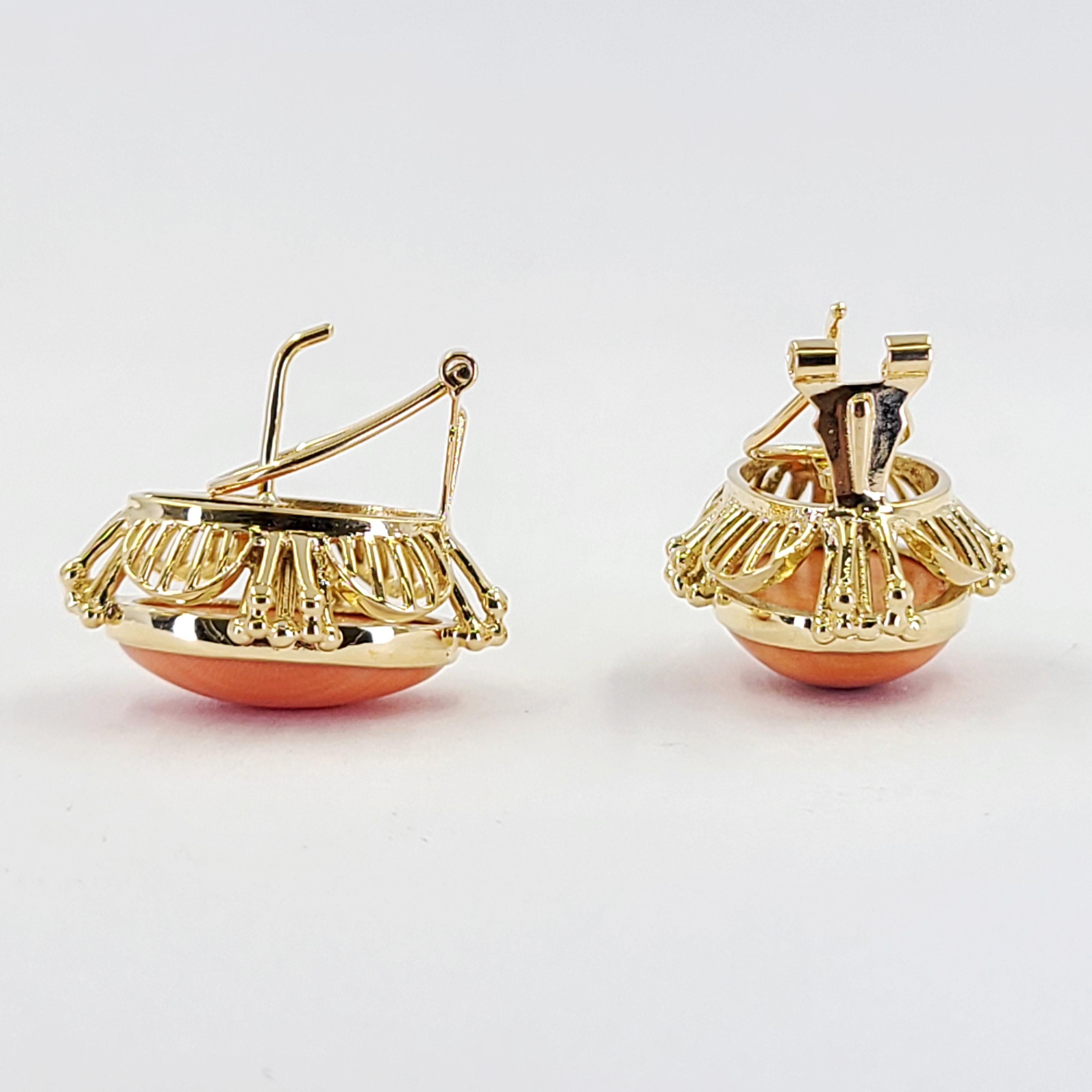 Oval Cut Yellow Gold Coral Cabochon Earrings