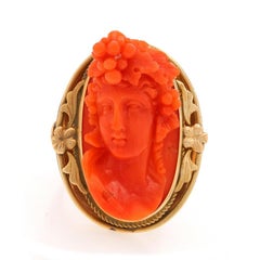 Yellow Gold Coral Cameo Vintage Statement Ring - 10k High Relief Sz 8 1/2