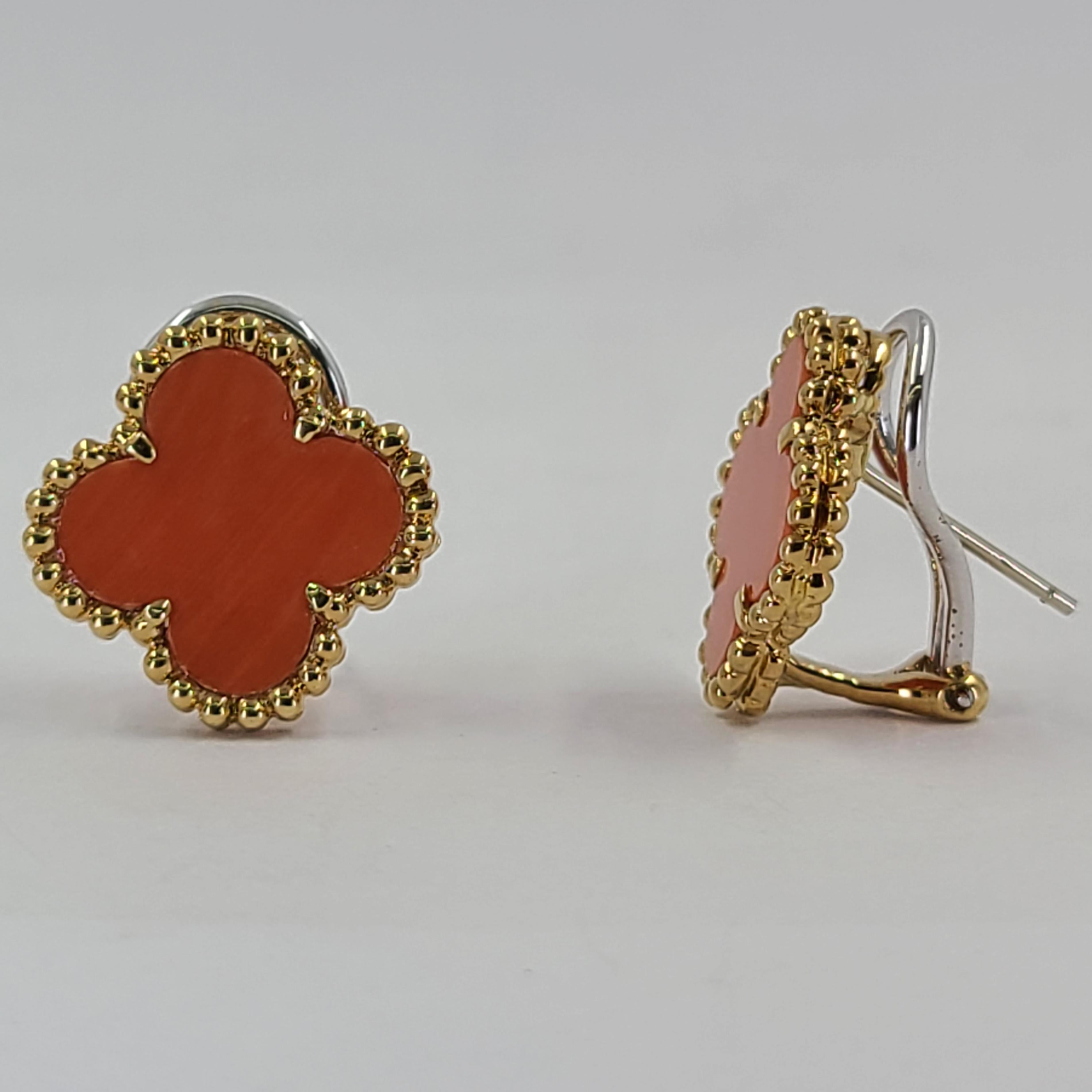 Uncut Yellow Gold & Coral Clover Earrings
