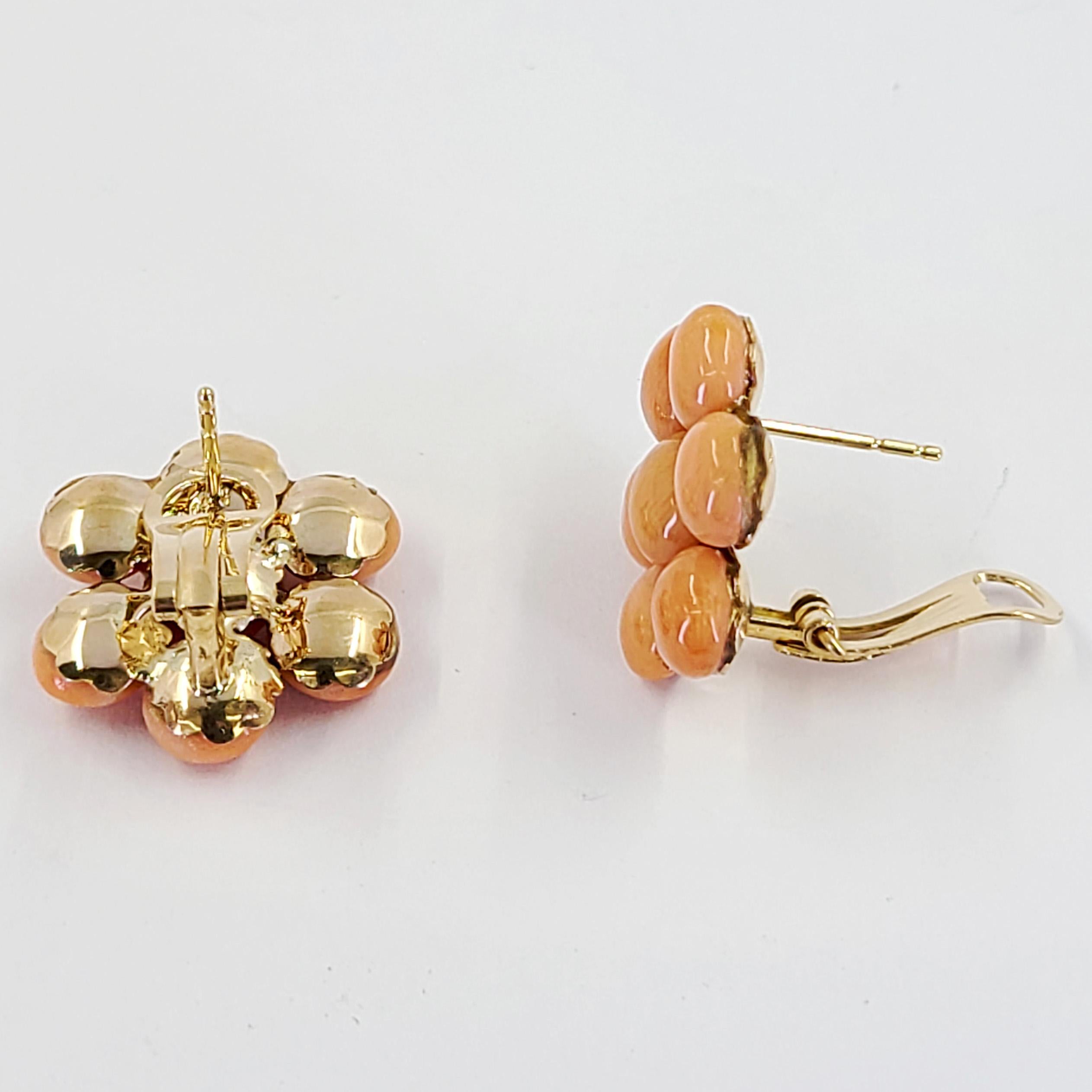 Round Cut Yellow Gold Coral Cluster Earrings