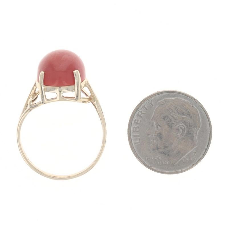 Women's Yellow Gold Coral Cocktail Solitaire Bypass Ring - 14k Oval Cabochon For Sale