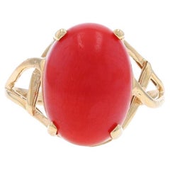 Yellow Gold Coral Cocktail Solitaire Bypass Ring - 14k Oval Cabochon