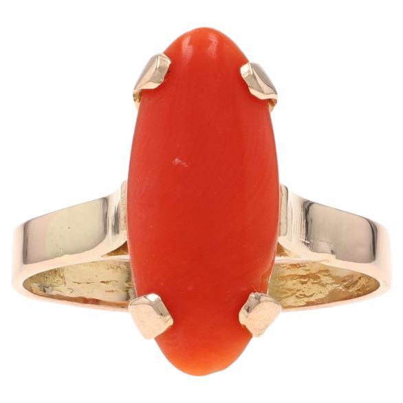 Yellow Gold Coral Cocktail Solitaire Ring - 18k Oval Cabochon For Sale
