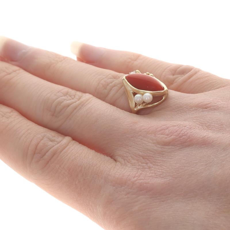 Round Cut Yellow Gold Coral, Cultured Pearl, & Diamond Bypass Ring - 14k Leaves For Sale