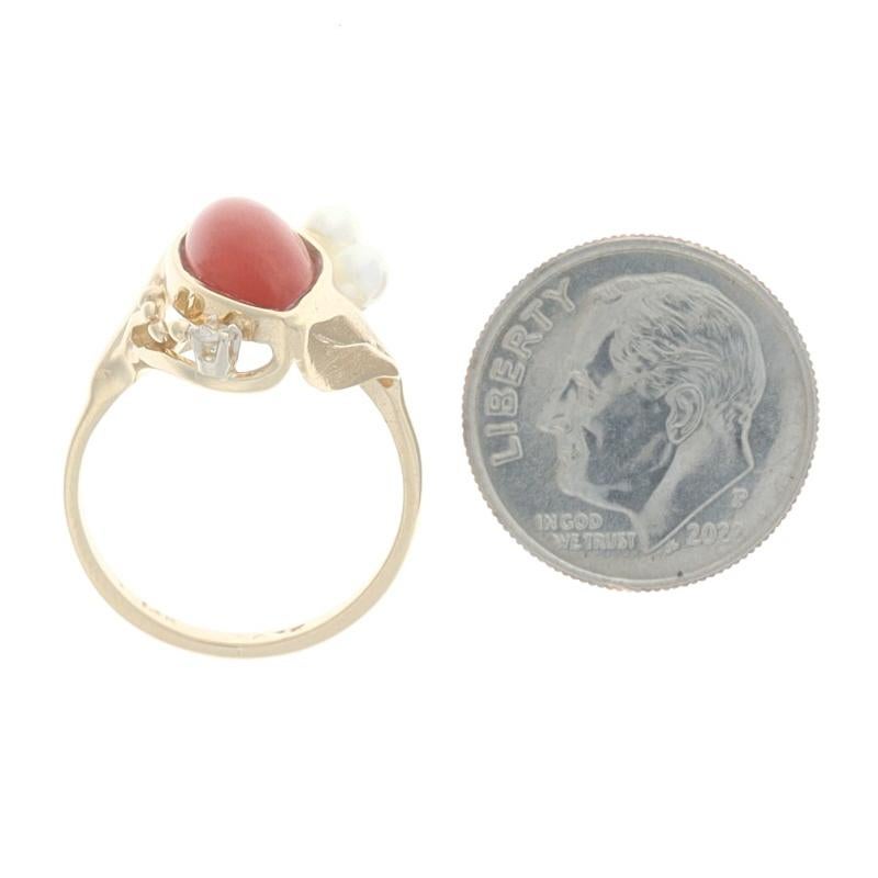 Yellow Gold Coral, Cultured Pearl, & Diamond Bypass Ring - 14k Leaves In Excellent Condition For Sale In Greensboro, NC