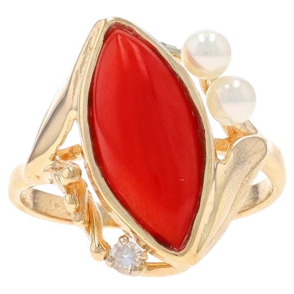 Yellow Gold Coral, Cultured Pearl, & Diamond Bypass Ring - 14k Leaves For Sale