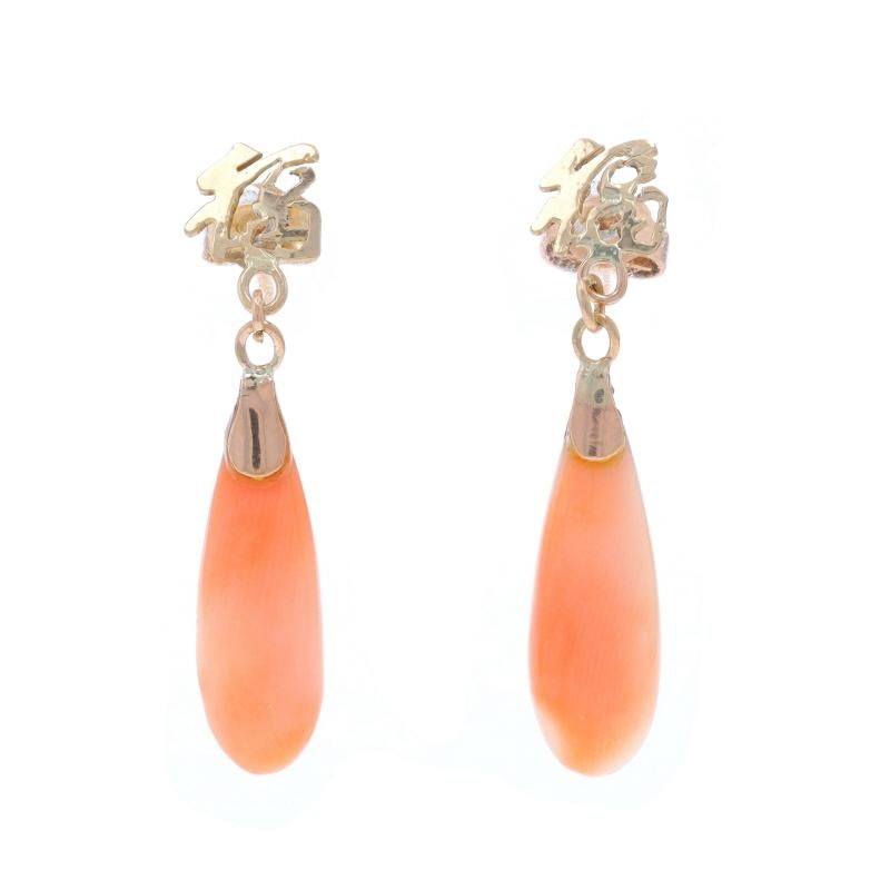 Yellow Gold Coral Dangle Earrings - 14k Fu Chinese Good Luck Character Pierced