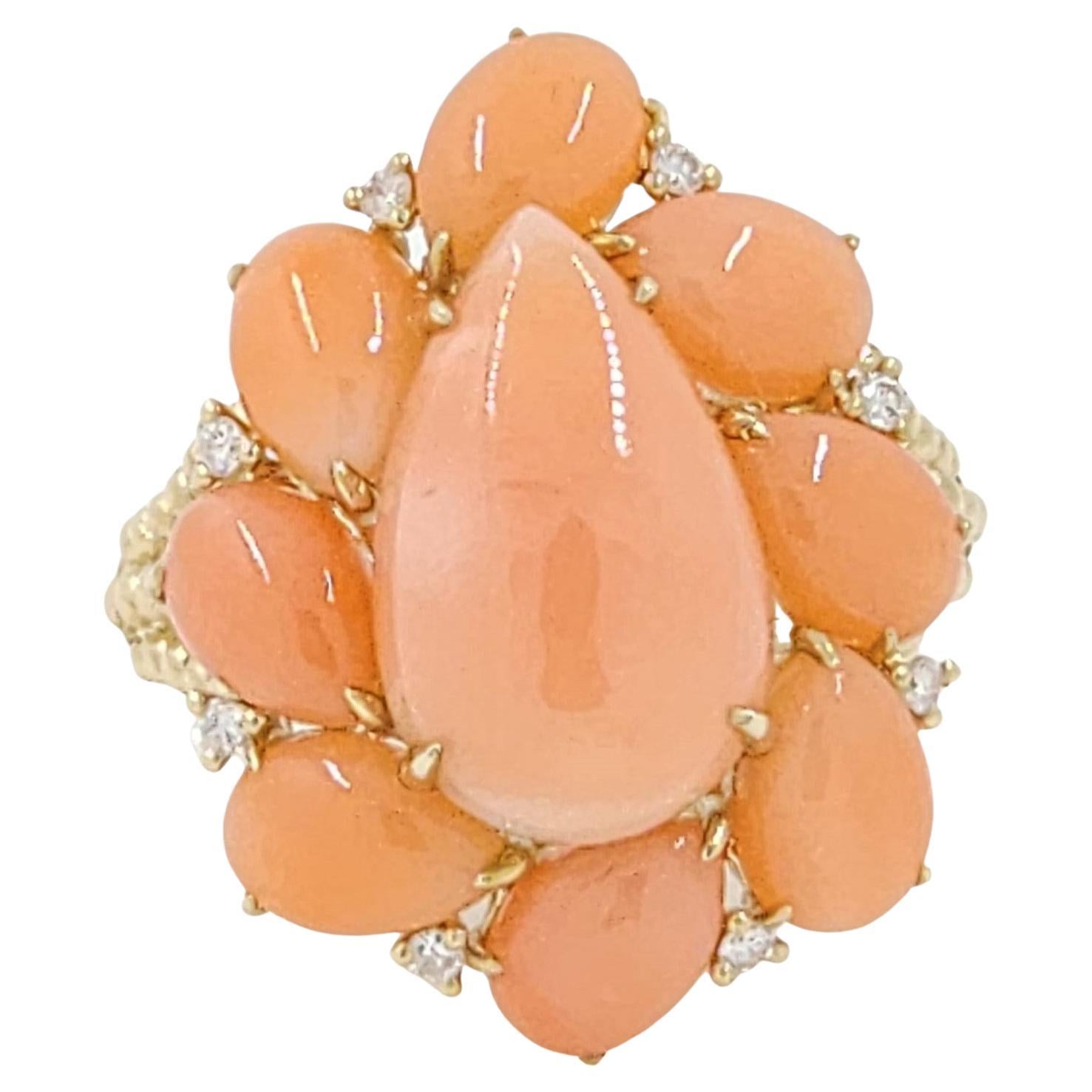 Yellow Gold Coral & Diamond Cluster Ring – 10.05ct Total Coral, 0.10ct Diamonds For Sale