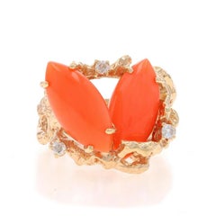 Yellow Gold Coral & Diamond Ring - 14k Marquise Cabochon Two-Stone