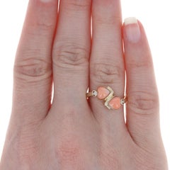 Yellow Gold Coral & Diamond Vintage Two-Stone Bypass Ring, 18k Heart Cabochon