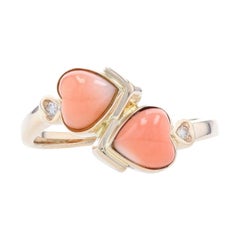 Yellow Gold Coral & Diamond Vintage Two-Stone Bypass Ring, 18k Heart Cabochon